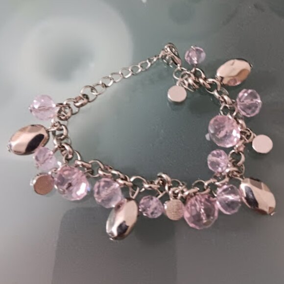 DESIGNER Mod/Contemporary Silver Pale Pink Clear Crystal Charm Rolo Bracelet - Picture 2 of 5